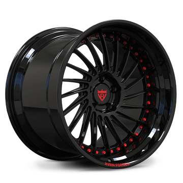 Custom forged deep dish wheels with step lip, black finish, and red accents for a sporty look.
